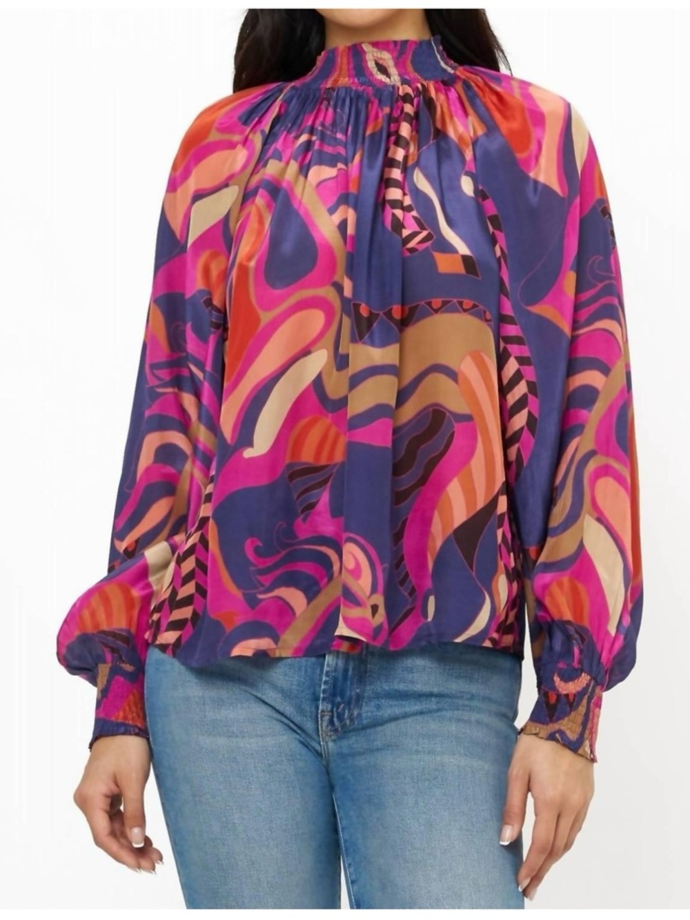 Oliphant Swirl-Print Smocked-Neck Blouse in Pink, Purple & Cream